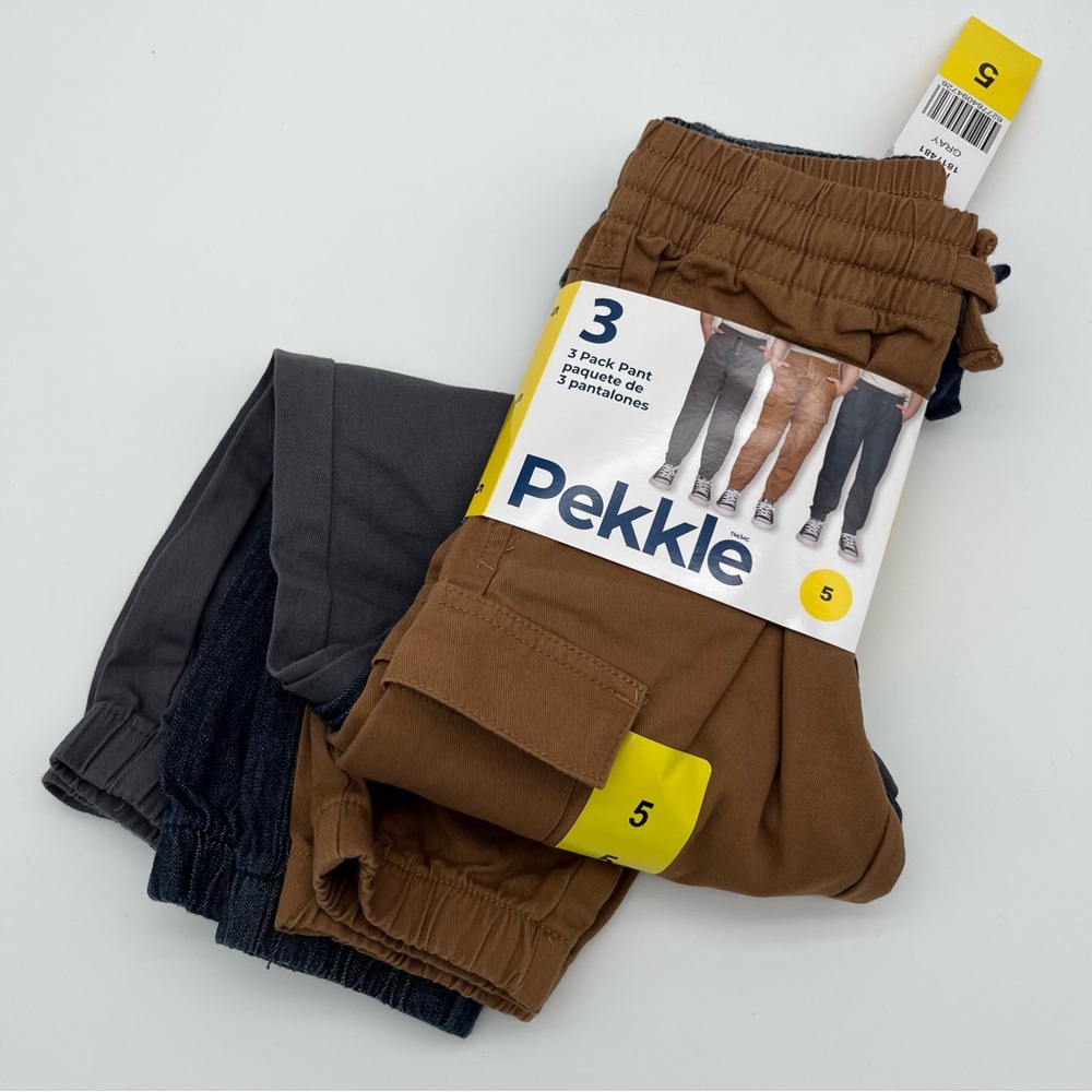 Pekkle NWT 3 Pack of Pull Up Jogger Pants Blue Tan Gray Size 5
